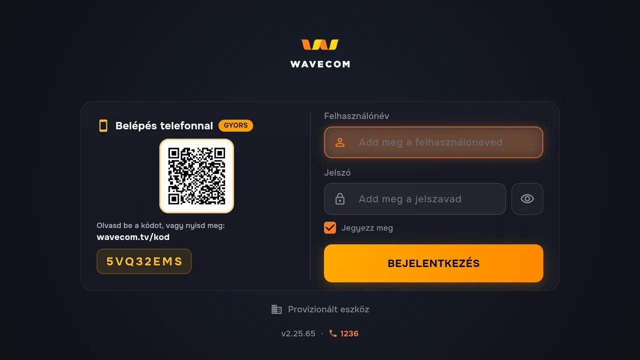Lépj be. A legegyszerűbb a telefonoddal: olvasd be a tévén látható QR-kódot, vagy nyisd meg a wavecom.tv/kod oldalt, és írd be a tévén látható kódot. Távirányítóval is beléphetsz a felhasználóneveddel és a jelszavaddal.