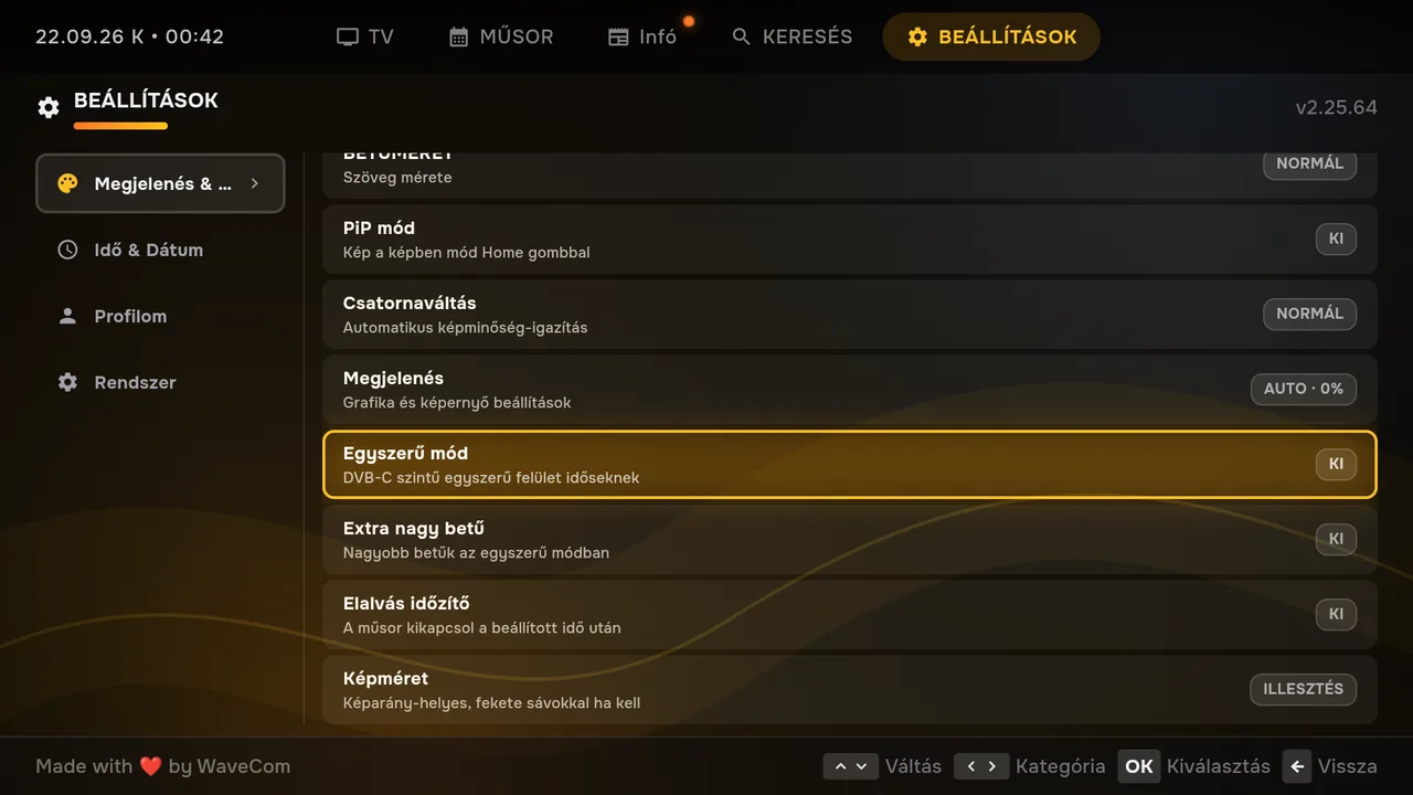 Bekapcsolás: BEÁLLÍTÁSOK, Megjelenés & Nyelv, „Egyszerű mód”, OK. Az app azonnal teljes képernyős tévézésre vált.