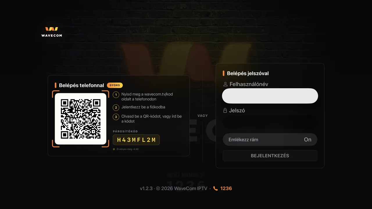 Indítsd el a WaveCom IPTV appot. A belépő képernyőn egy QR-kód és egy 8 karakteres kód jelenik meg.