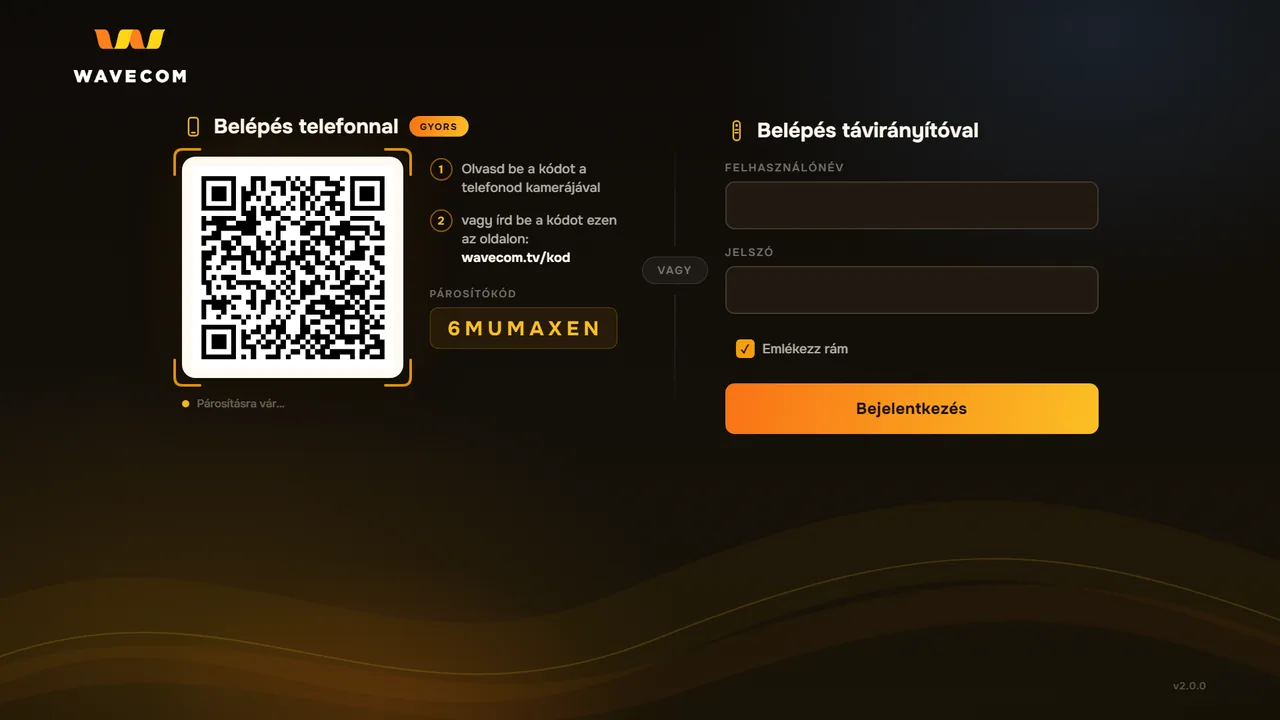 Indítsd el a WaveCom IPTV appot. A belépő képernyőn egy QR-kód és egy 8 karakteres kód jelenik meg.